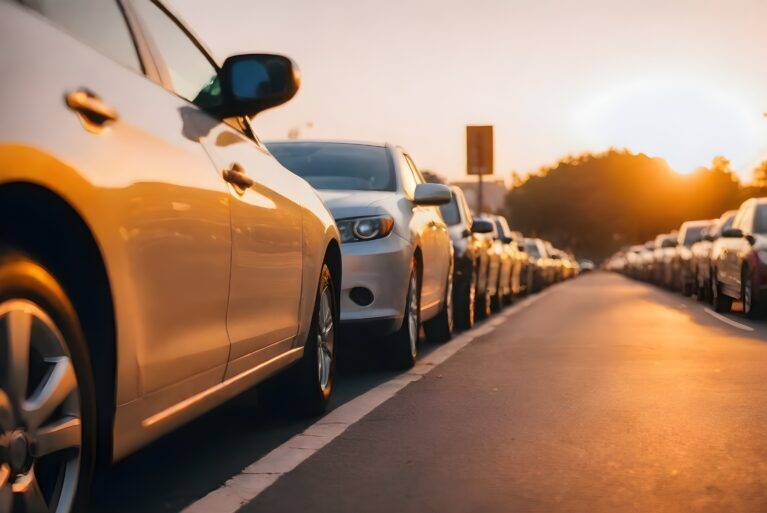 Car parked at outdoor parking lot. Used car for sale and rental service. Car insurance background. Automobile parking area. Car dealership and dealer agent concept. Automotive industry